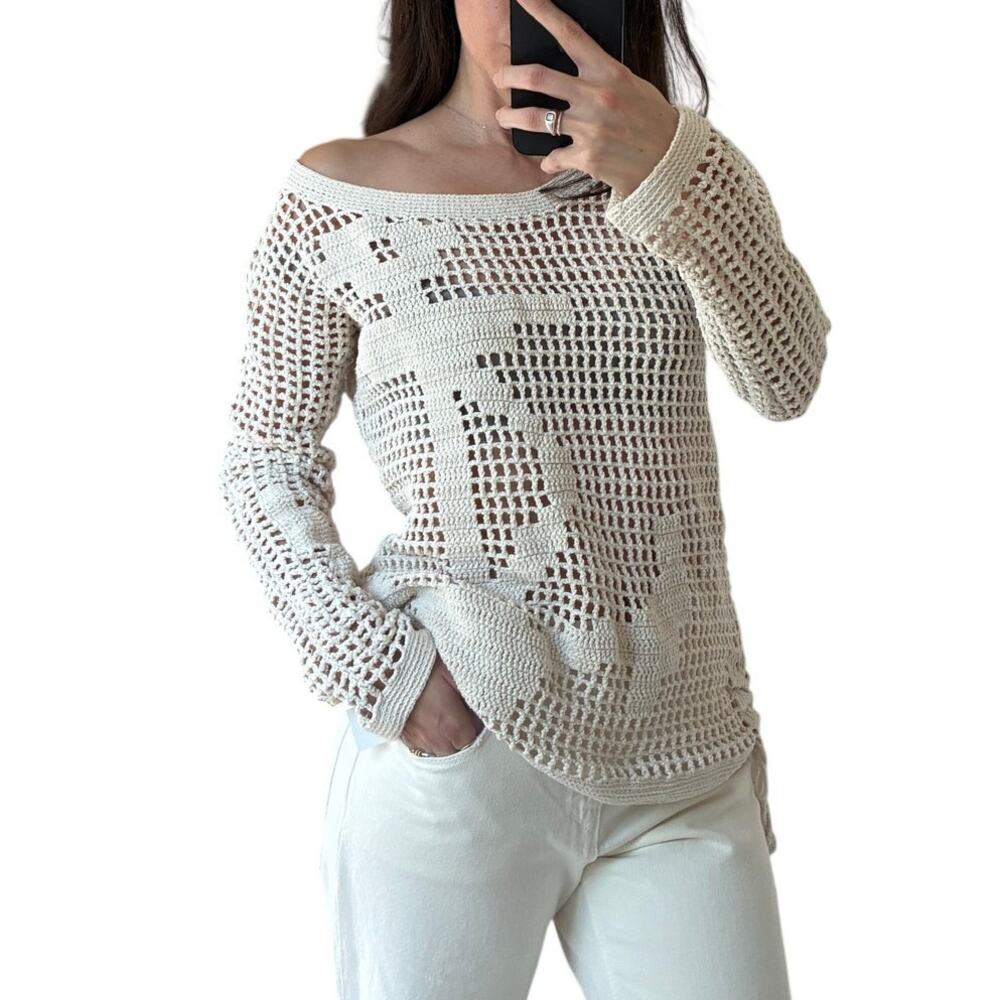 Anthropologie Handknit by Dollie Cream Anchor Crochet Sweater Coverup Top Size M